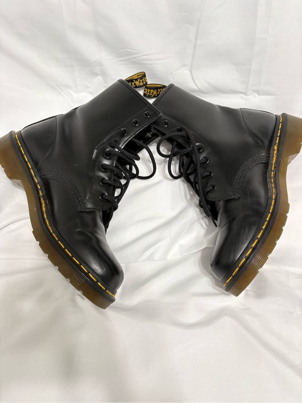 Dr. Martens Black Leather 8-Eye Lace-Up Boots with Yellow Stitching